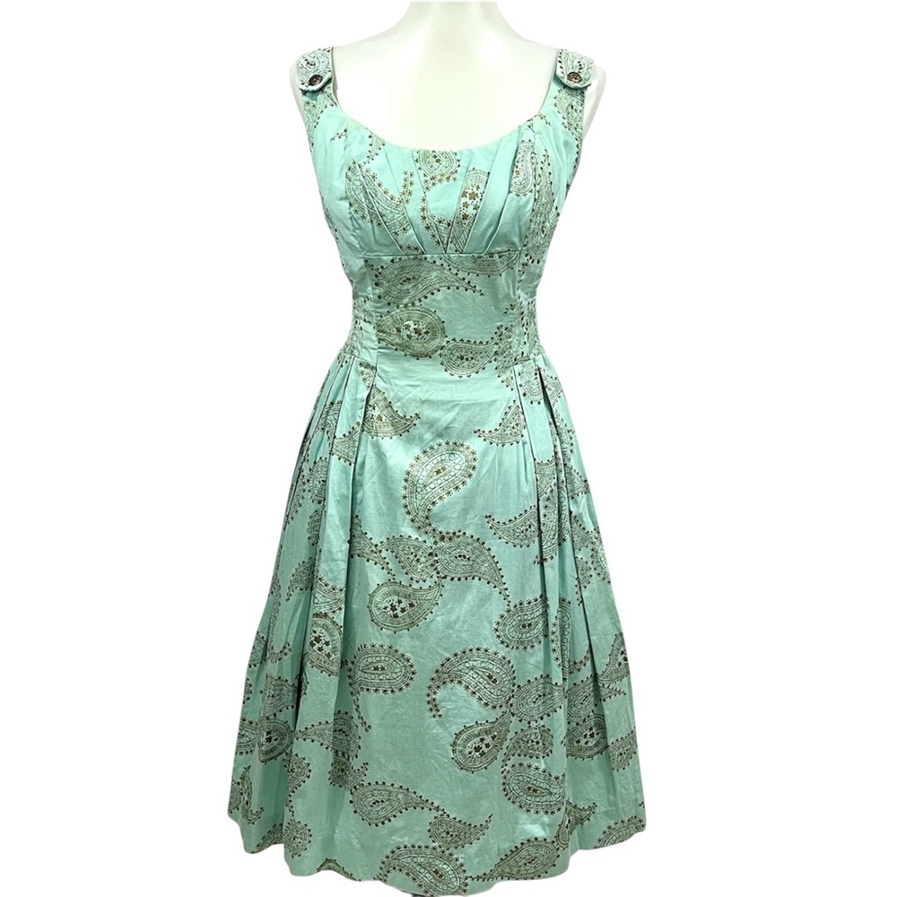 Vintage Alfred Shaheen Hawaiian Seafoam Gold Metallic Paisley Bombshell Dress - Picture 17 of 17